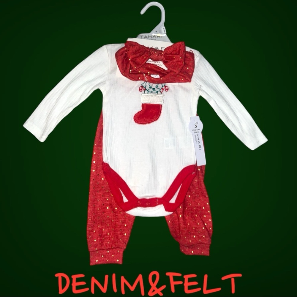 Tahari Baby Christmas 3‎ Piece Set | Bodysuit/Pant/Headband | NEW/NWT!!🤶🎄❄️🎄